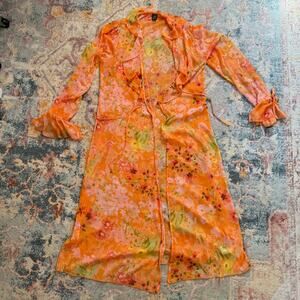 Retro 70s inspired sheer orange floral robe / duster